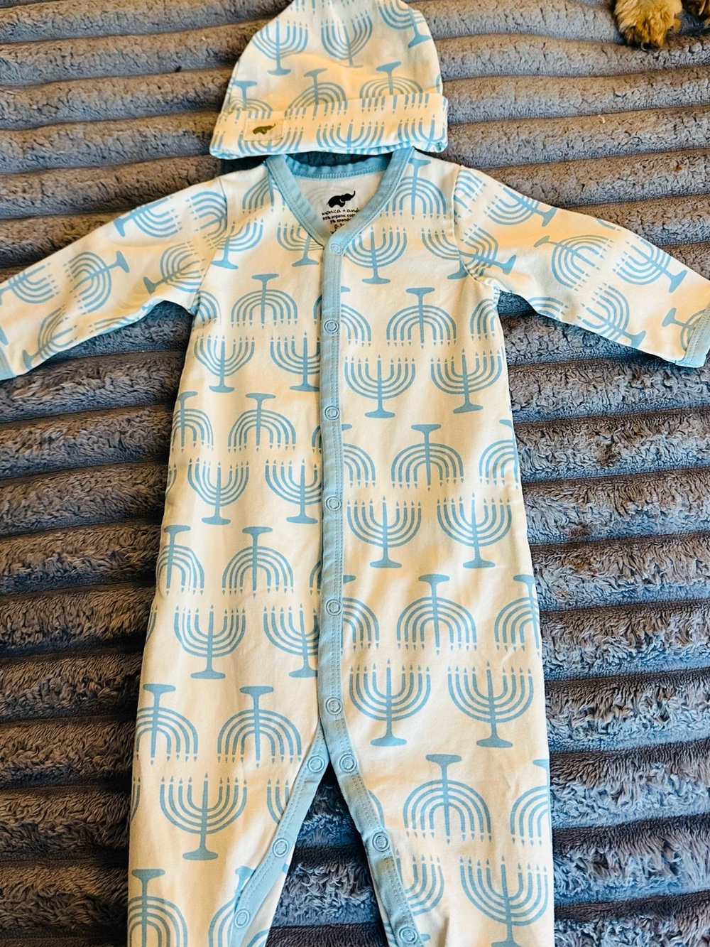Baby Light Blue Menorah Print Pajama Set with Hat
